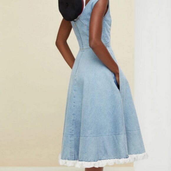 💙 Patou Aurelie Rare Blueberry Denim Dress – Sleeveless, Puff Ruffle, Tailored - Picture 3 of 14